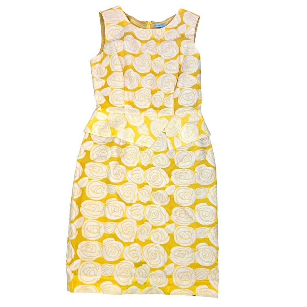 Antonio Melani Yellow White Floral Rose Peplum Cocktail Dress size 6 wedding